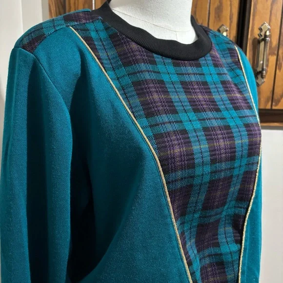 Vintage 80s 90s Sweatshirt Teal Plaid Color Block Pullover Size Small - Picture 3 of 5